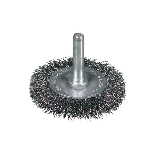 Circular wire wheel brush on 6 mm shank Ø 80 mm width 35 mm knotted steel wire 0.25 mm