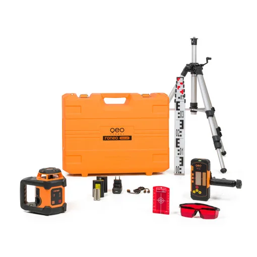 Rotationslaser-Set Roneo Maxiset & FR50 mit Stativ und Nivellierlatte im Hartschalenkoffer